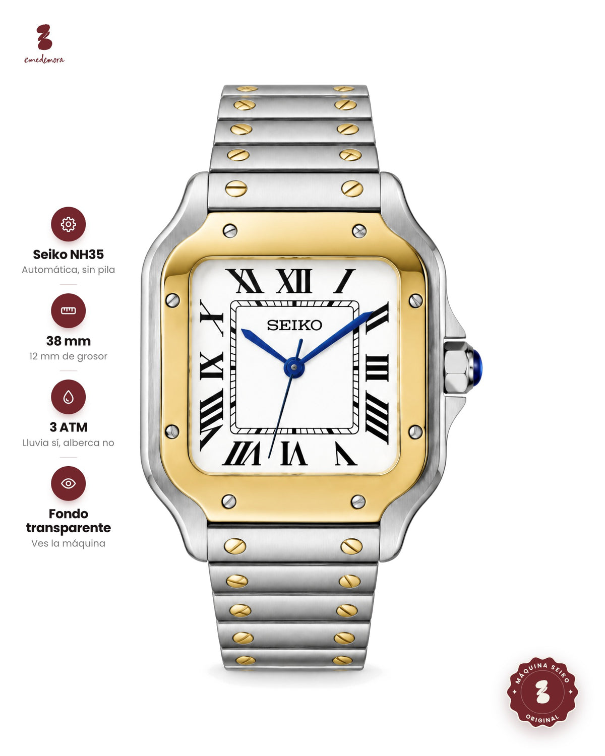 Reloj rectangular de acero y dorado, con carátula blanca, números romanos y manecillas azules