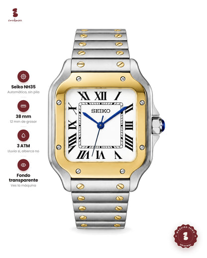 Reloj rectangular de acero y dorado, con carátula blanca, números romanos y manecillas azules