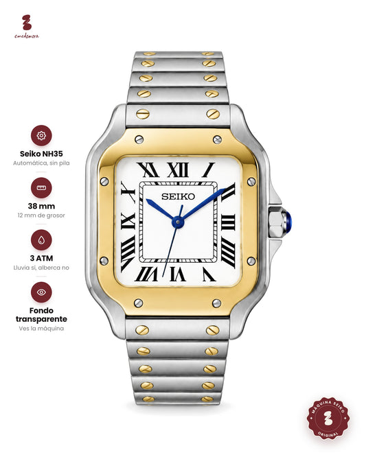 Reloj rectangular de acero y dorado, con carátula blanca, números romanos y manecillas azules