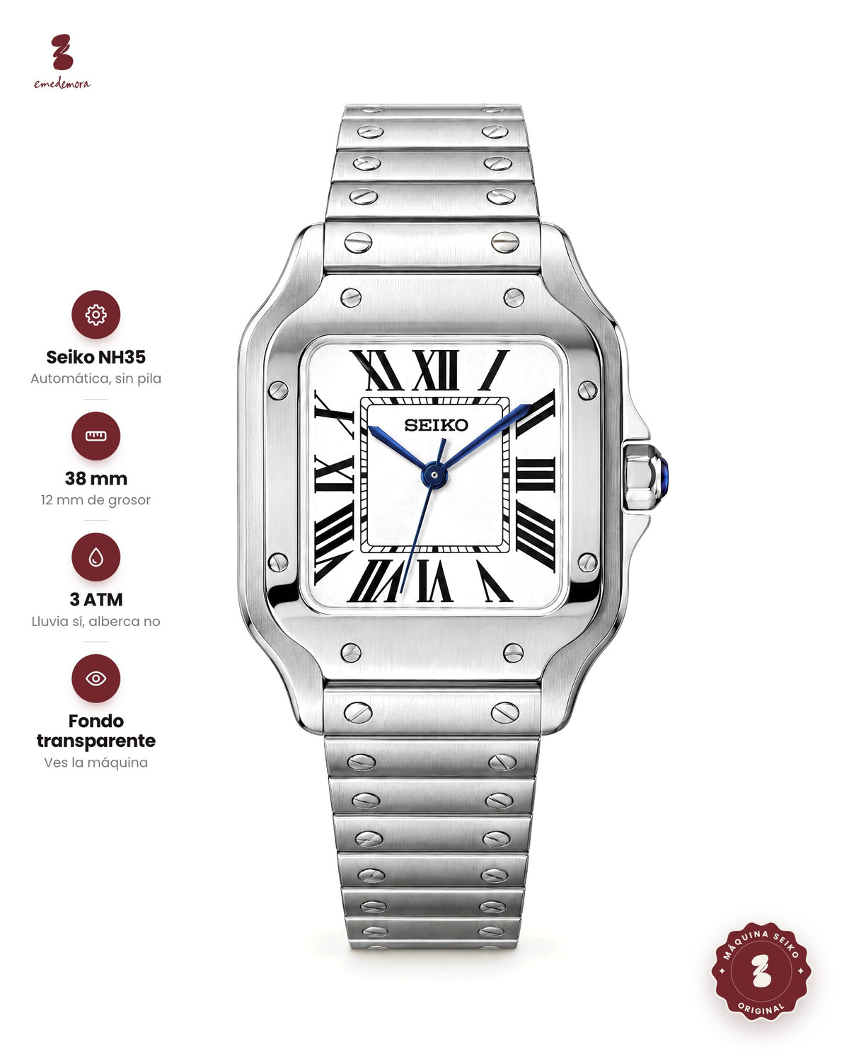 Reloj rectangular de acero con carátula blanca, números romanos y manecillas azules
