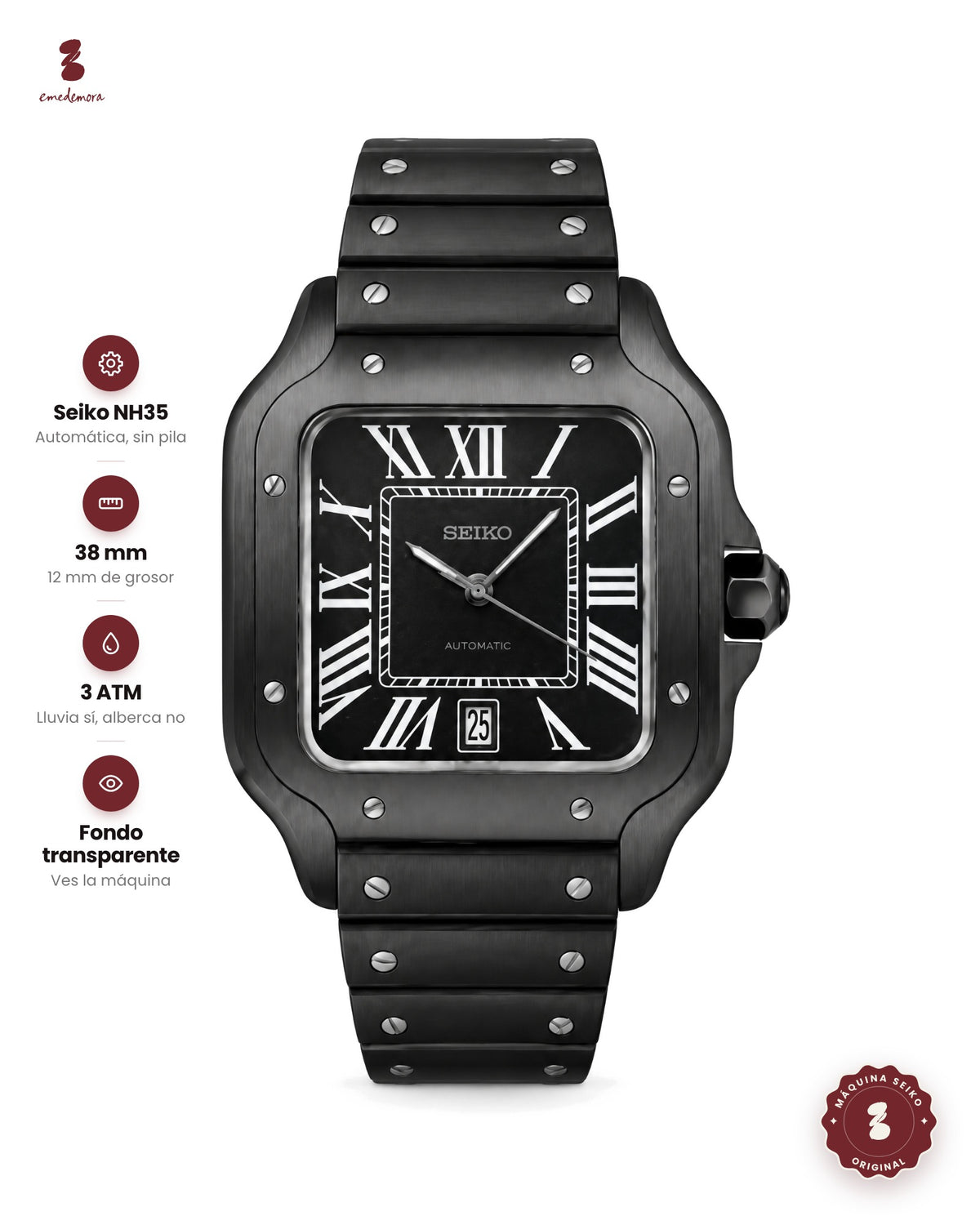 Reloj rectangular negro con carátula negra, números romanos blancos y fecha a las 6