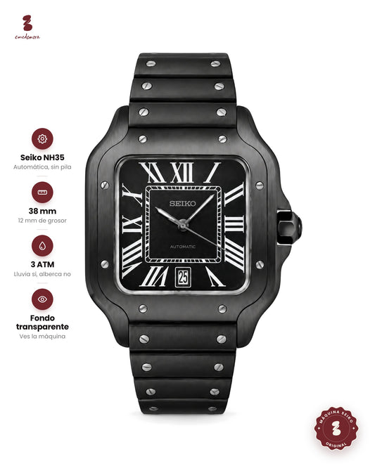 Reloj rectangular negro con carátula negra, números romanos blancos y fecha a las 6