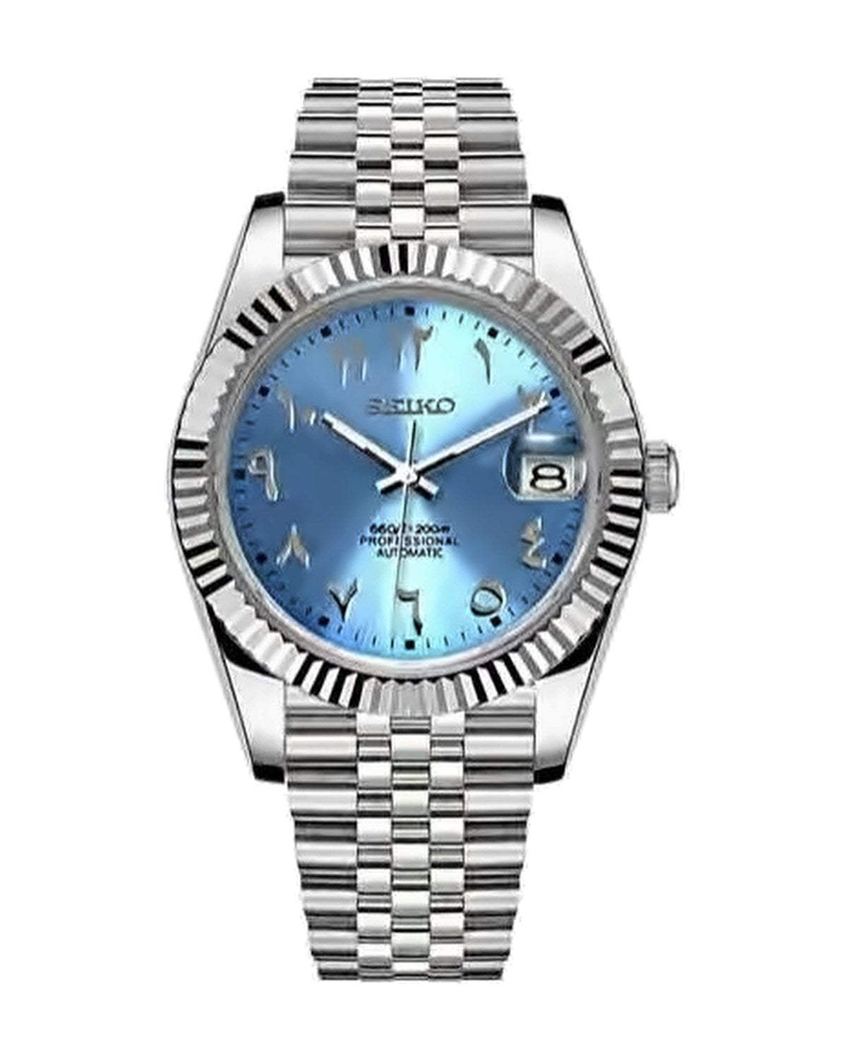Estría Arábiga Azul bebé: Seiko mod de 36 mm, de frente