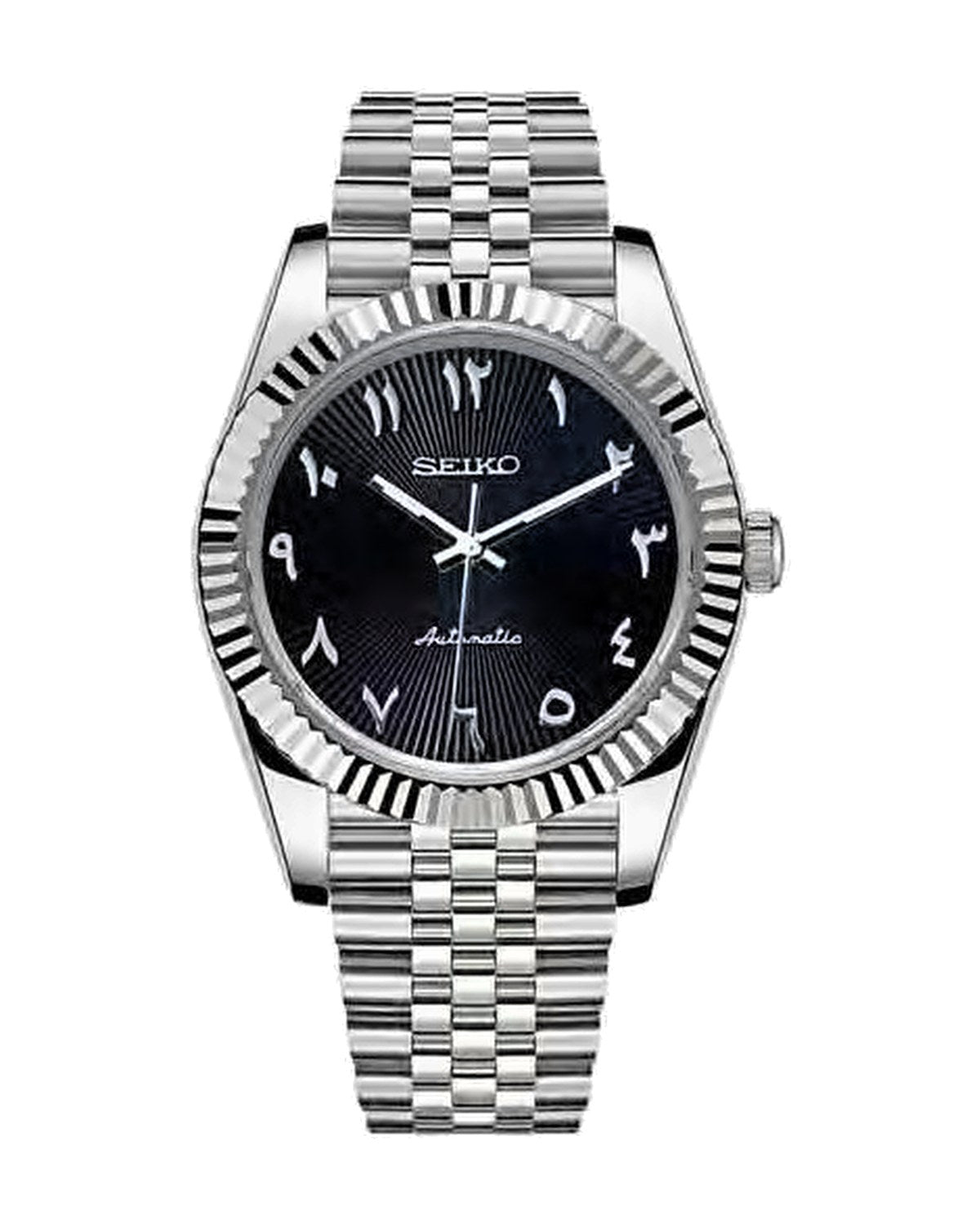 Estría Arábiga Negro con textura: Seiko mod de 36 mm, de frente