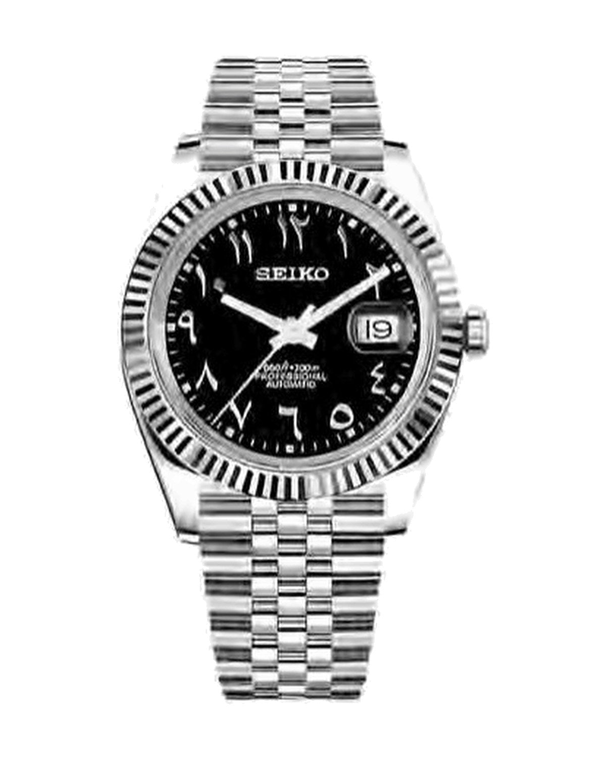 Estría Arábiga Negro: Seiko mod de 36 mm, de frente