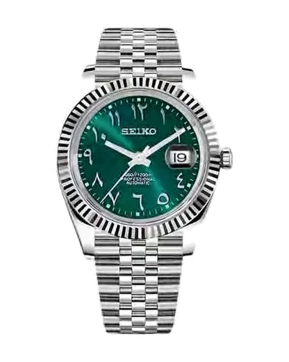 Estría Arábiga Verde: Seiko mod de 36 mm, de frente