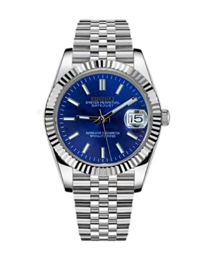 Estría Azul profundo: Seiko mod de 36 mm, de frente