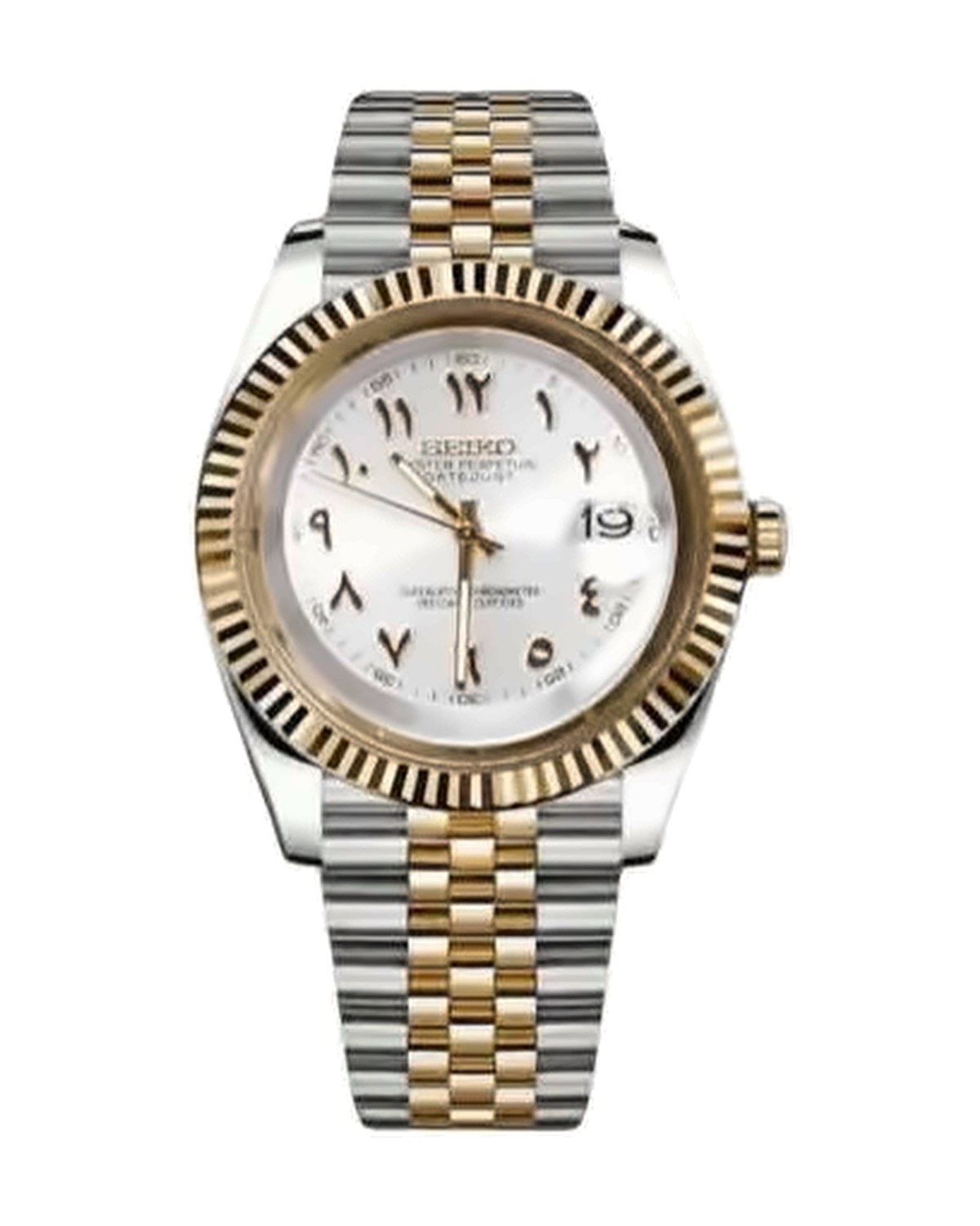 Estría Bicolor Dorado · blanco arábigo: Seiko mod de 36 mm, de frente