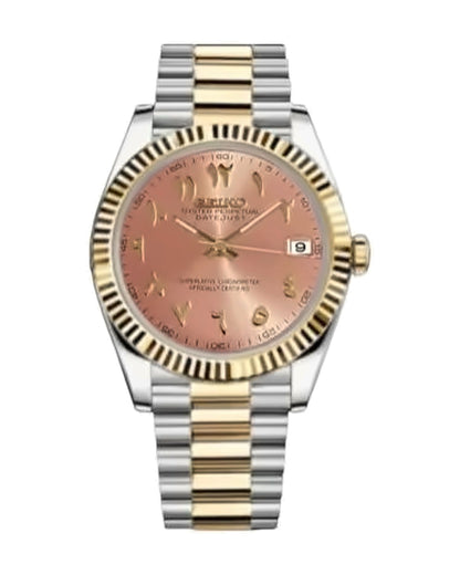 Estría Bicolor Dorado · salmón arábigo: Seiko mod de 36 mm, de frente