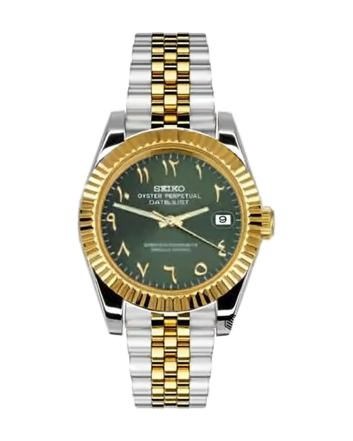 Estría Bicolor Dorado · verde arábigo: Seiko mod de 36 mm, de frente