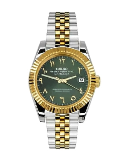 Estría Bicolor Dorado · verde arábigo: Seiko mod de 36 mm, de frente