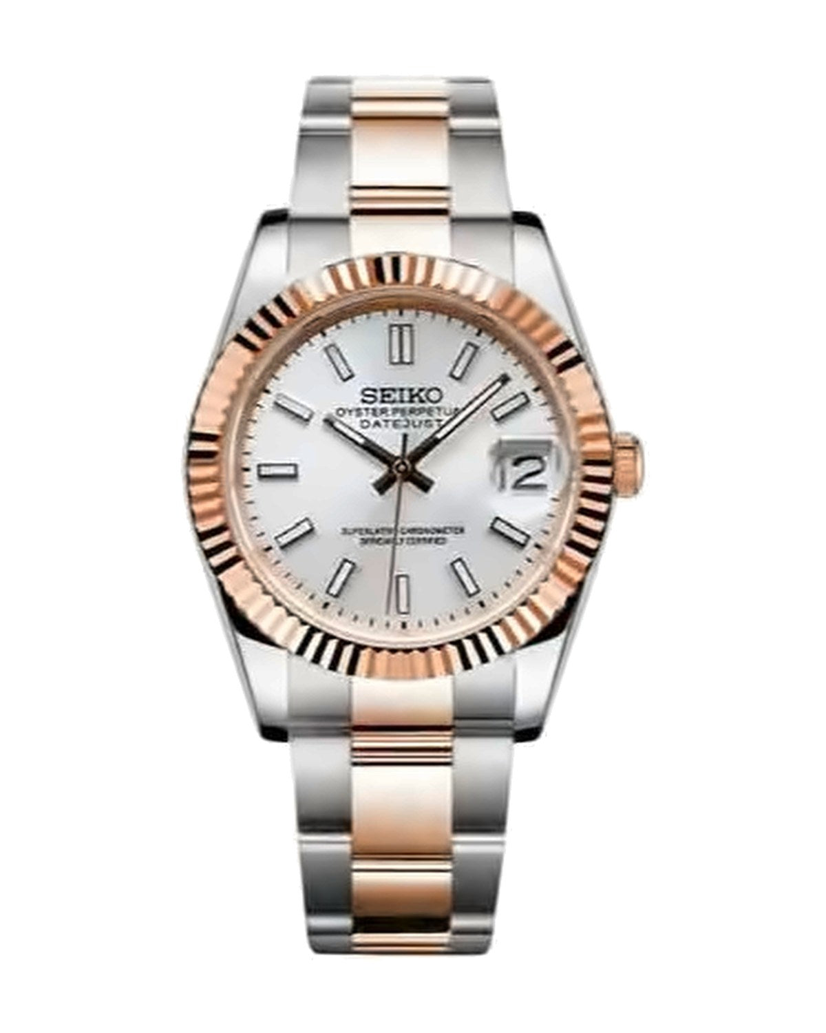 Estría Bicolor Oro rosa · blanco: Seiko mod de 36 mm, de frente