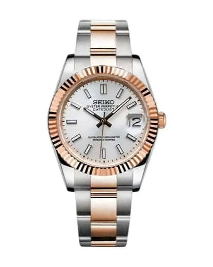 Estría Bicolor Oro rosa · blanco: Seiko mod de 36 mm, de frente