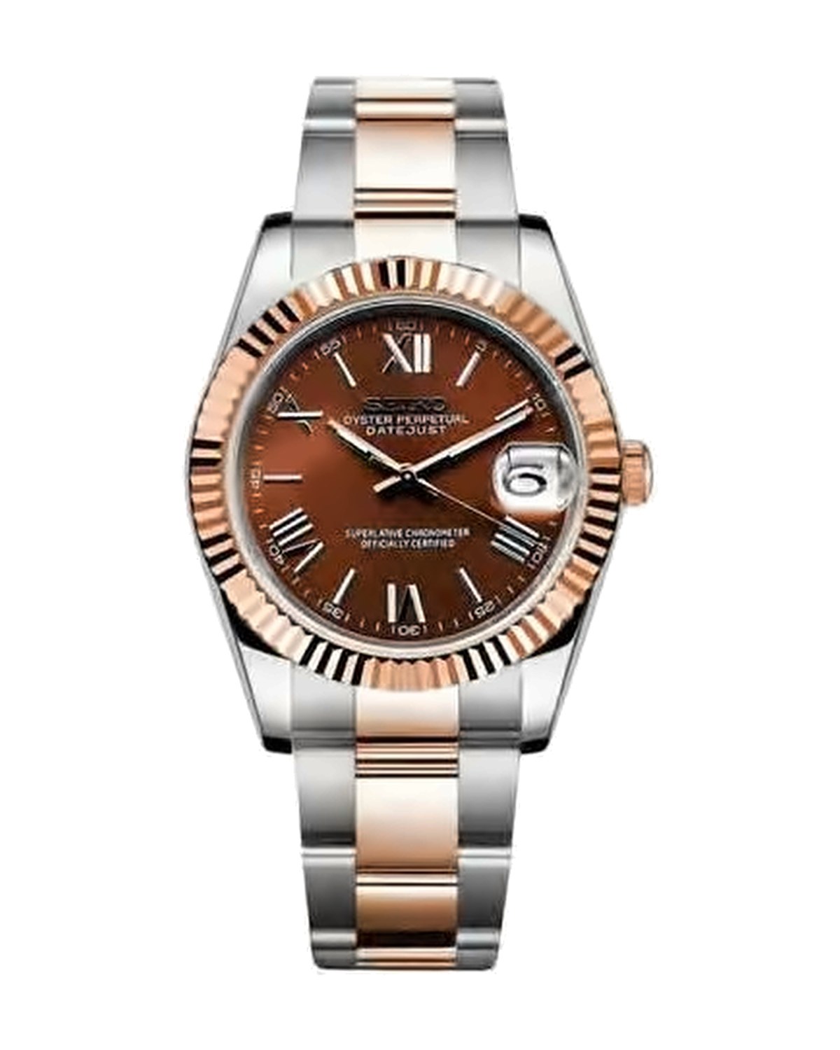 Estría Bicolor Oro rosa · café romano: Seiko mod de 36 mm, de frente