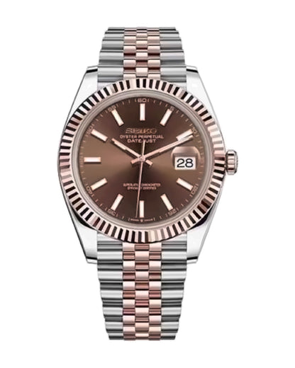 Estría Bicolor Oro rosa · chocolate: Seiko mod de 36 mm, de frente