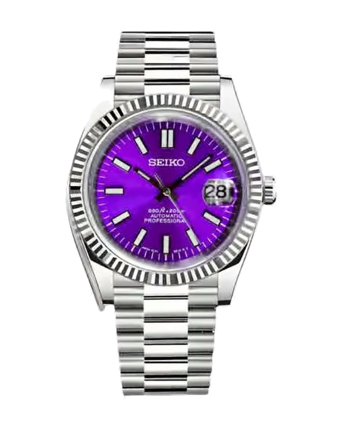 Estría Morado: Seiko mod de 36 mm, de frente