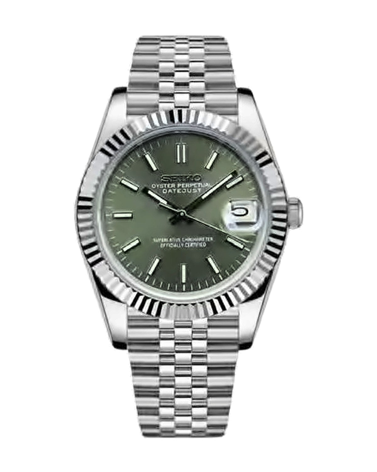 Estría Olivo: Seiko mod de 36 mm, de frente