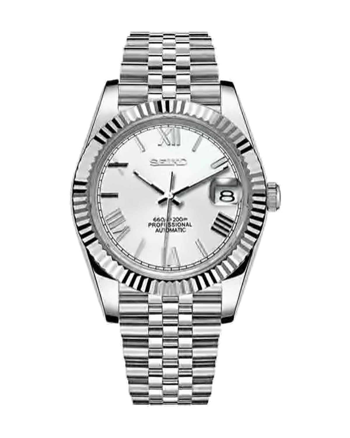Estría Romana Blanco: Seiko mod de 36 mm, de frente