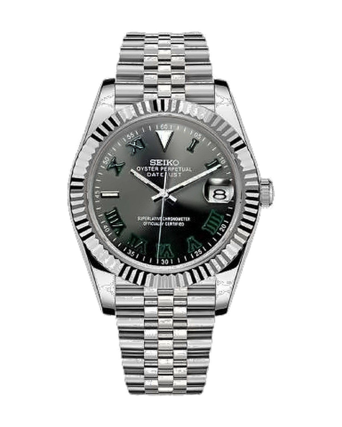 Estría Romana Gris · números verdes: Seiko mod de 36 mm, de frente