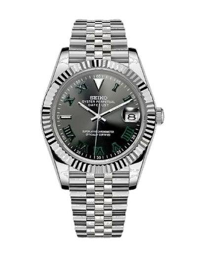 Estría Romana Gris · números verdes: Seiko mod de 36 mm, de frente