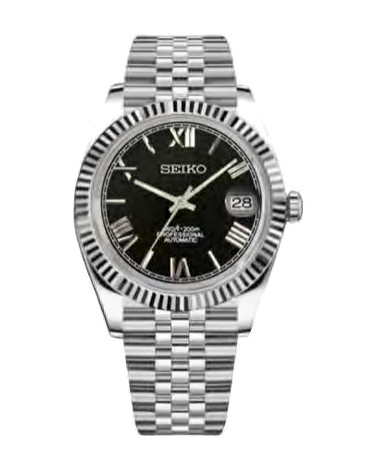 Estría Romana Negro: Seiko mod de 36 mm, de frente