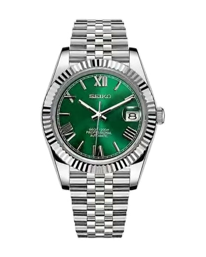 Estría Romana Verde: Seiko mod de 36 mm, de frente