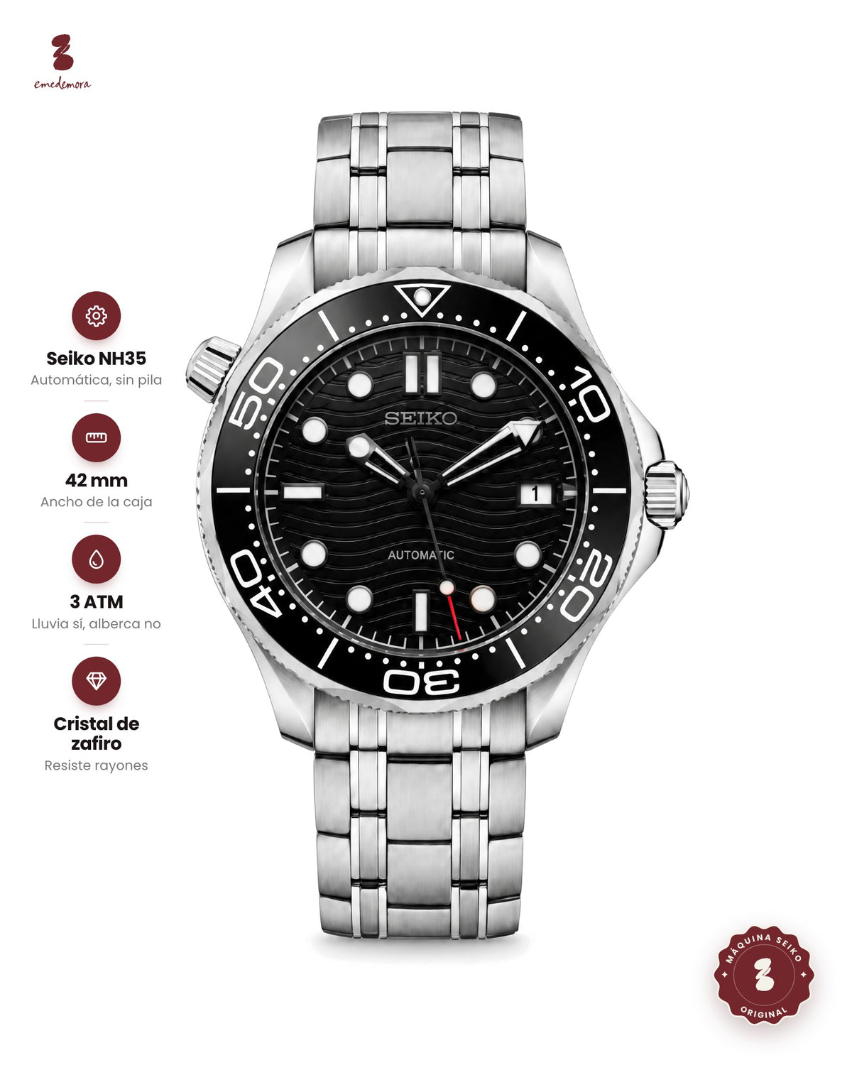 Reloj de acero estilo buzo con bisel negro, carátula negra con olas y segundero de punta roja
