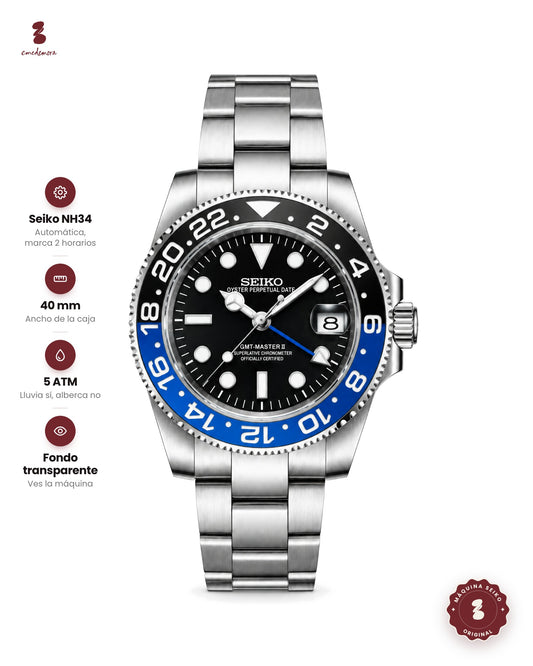 Reloj de acero con bisel de 24 horas negro y azul, carátula negra y manecilla azul del segundo horario