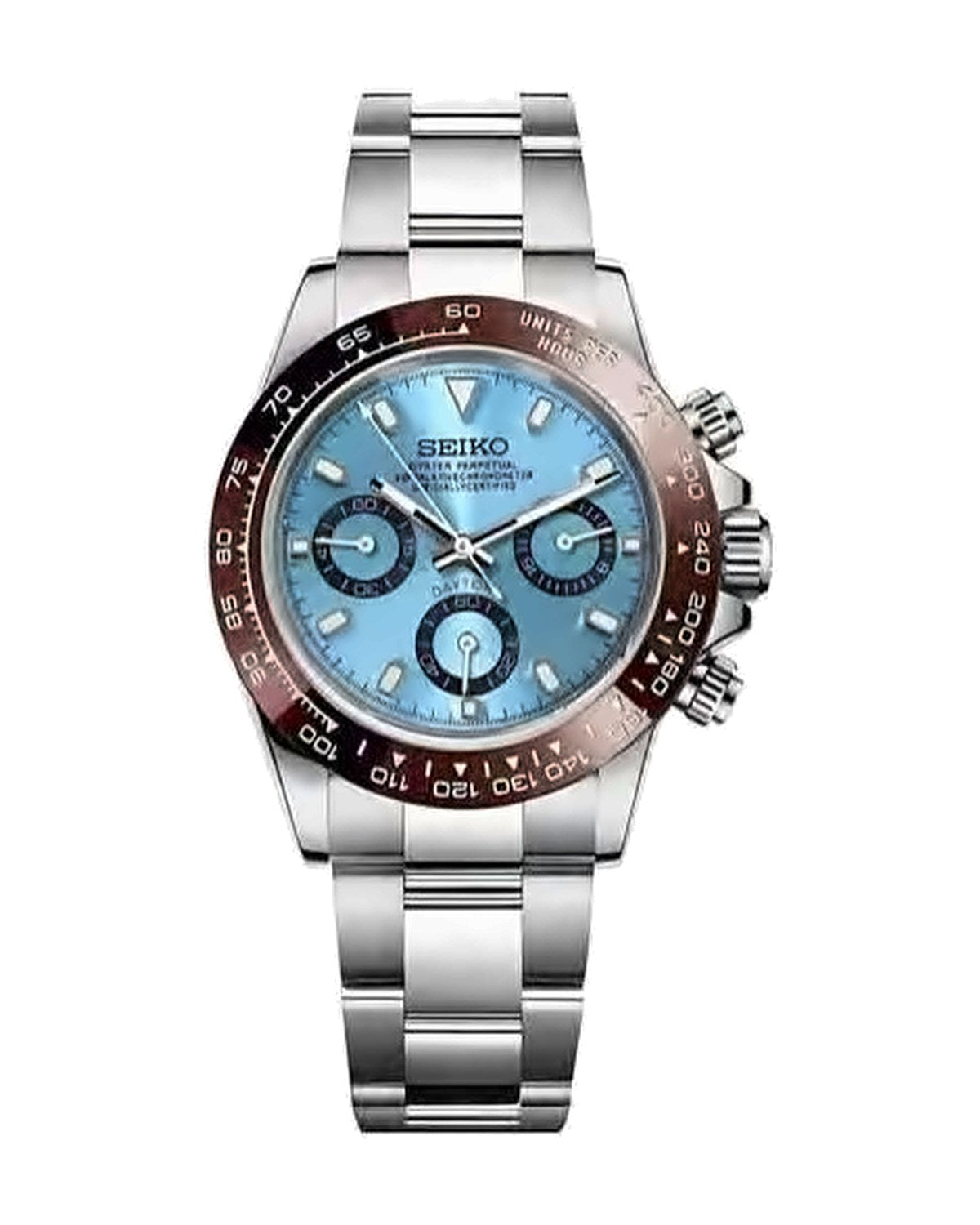Pista Azul hielo · bisel café: Seiko mod de 41 mm, de frente