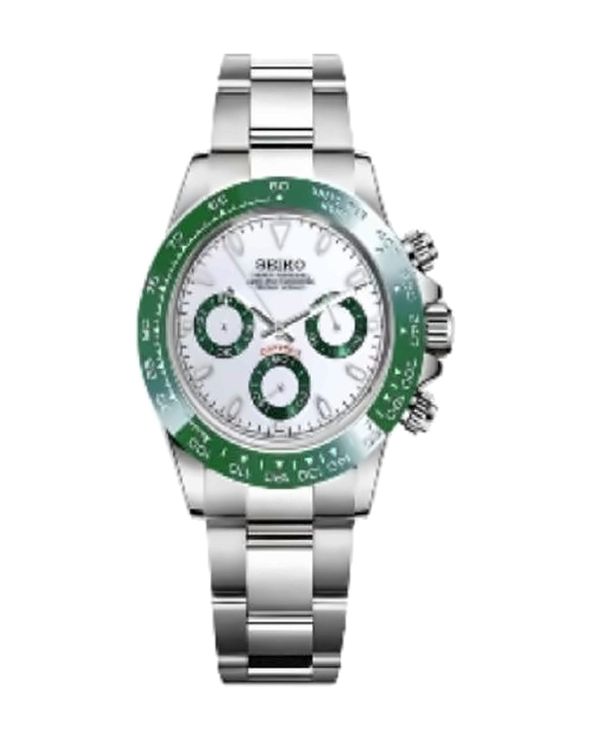 Pista Blanco · bisel verde: Seiko mod de 41 mm, de frente