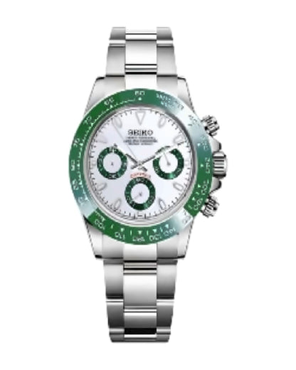 Pista Blanco · bisel verde: Seiko mod de 41 mm, de frente