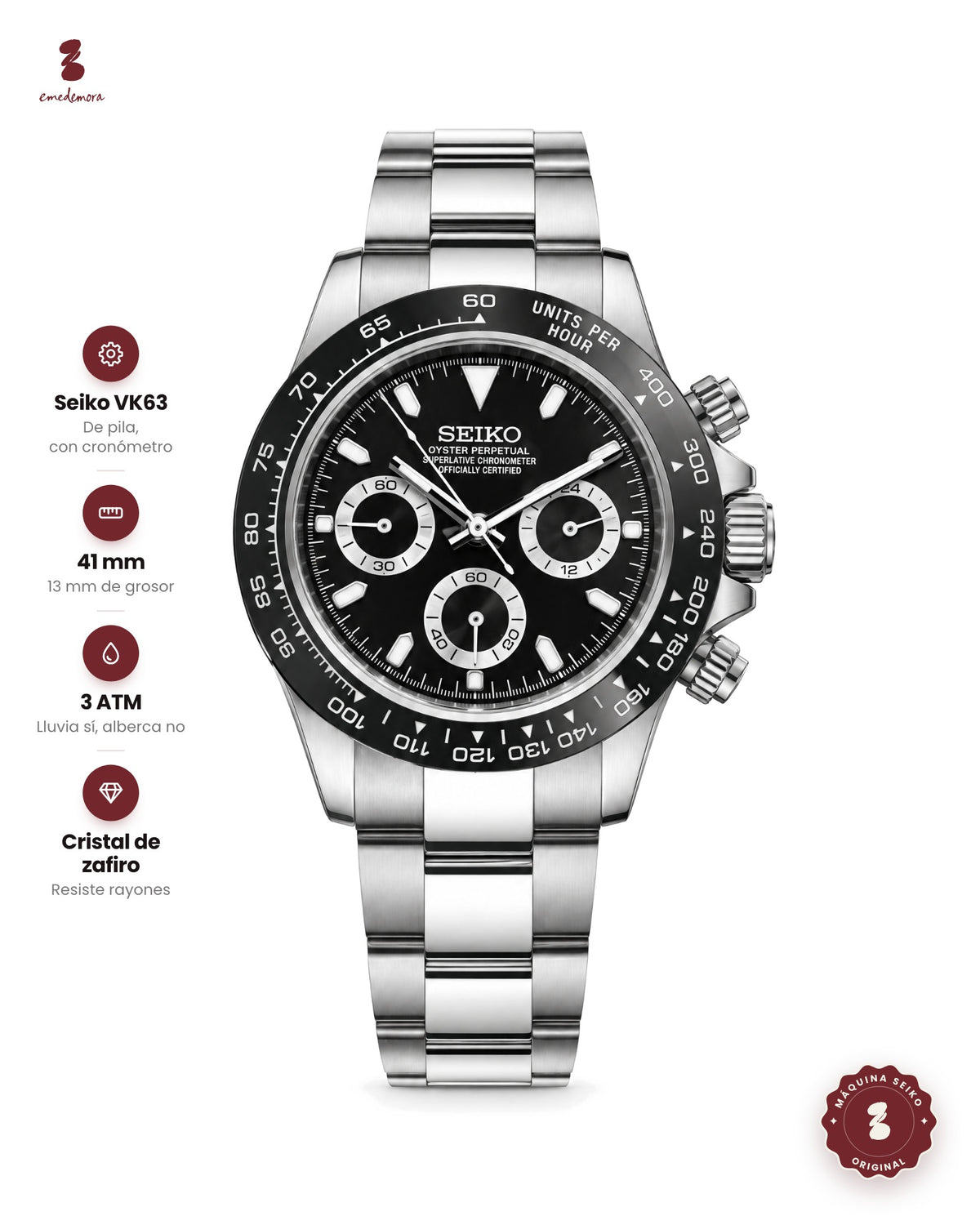 Reloj cronógrafo de acero con bisel negro taquimétrico y tres contadores plateados