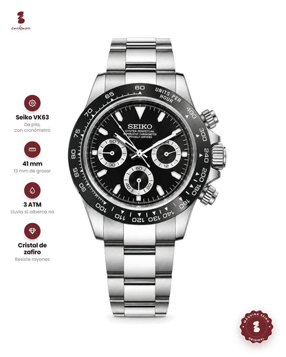 Reloj cronógrafo de acero con bisel negro taquimétrico y tres contadores plateados