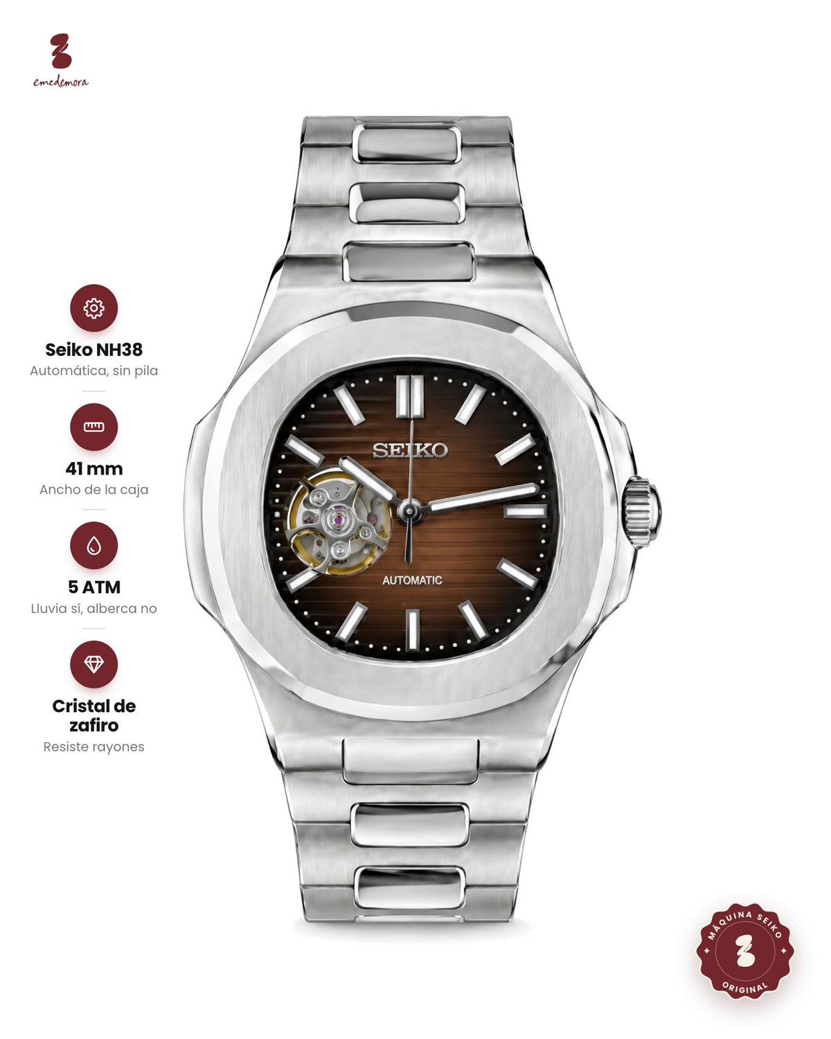 Reloj de acero con carátula café y una ventanita que deja ver la máquina