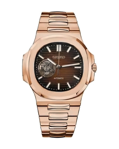 Portillo Corazón Oro rosa · chocolate: Seiko mod de 41 mm, de frente