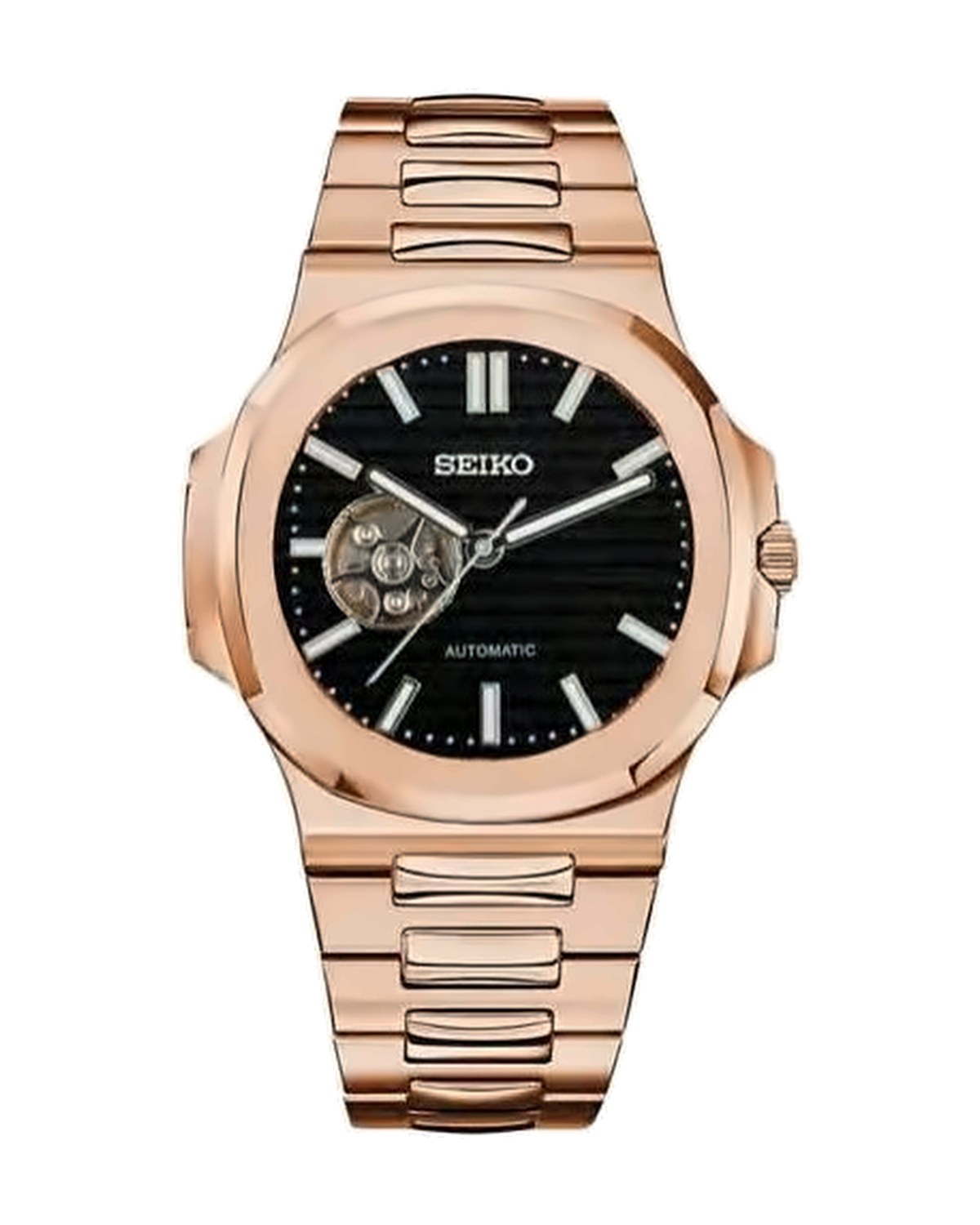 Portillo Corazón Oro rosa · negro: Seiko mod de 41 mm, de frente