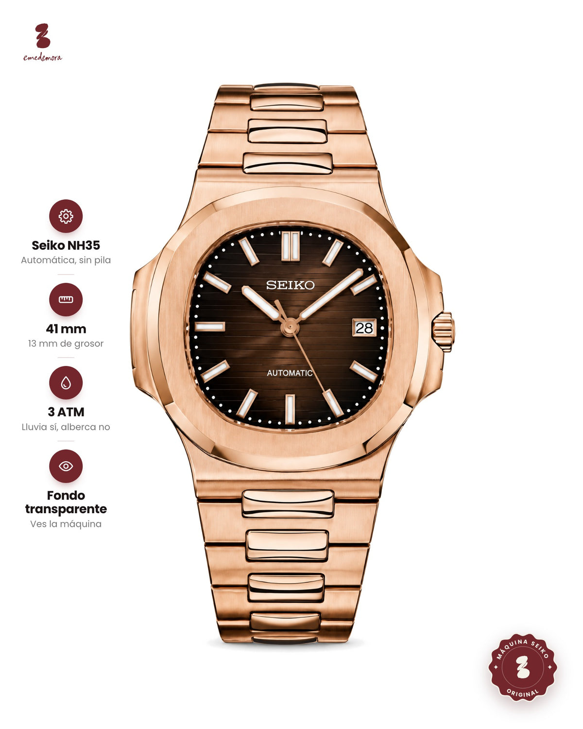 Reloj de oro rosa con carátula café degradada, índices de barra y fecha a las 3